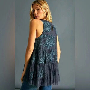 Anthropologie floral Tulle Lace Sequin Sleeveless Tunic Top tank blouse y2k boho
